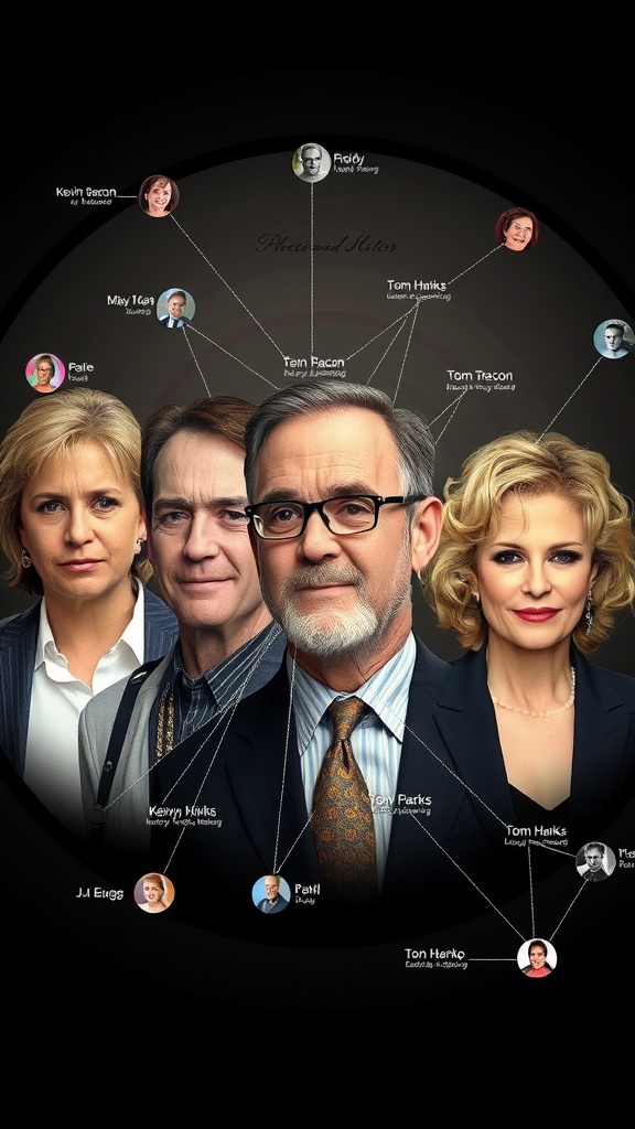 Collage of actors with Kevin Bacon and lines connecting them, set against a film reel background.